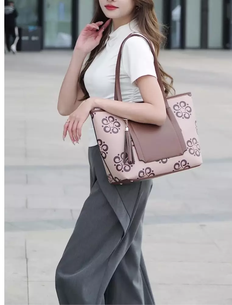 3-in-1 Women's Monogram Tote Bag + Sling Bag + Pouch (3-in-1 - Tas Jinjing + Tas Selempang + Kantong Wanita) - Hitam