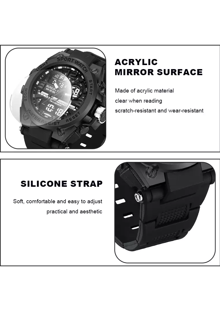 Jam Tangan Pria Digital&Analog Olahraga Multifungsi Tali Silikon Jam Tangan Cowok D003 black