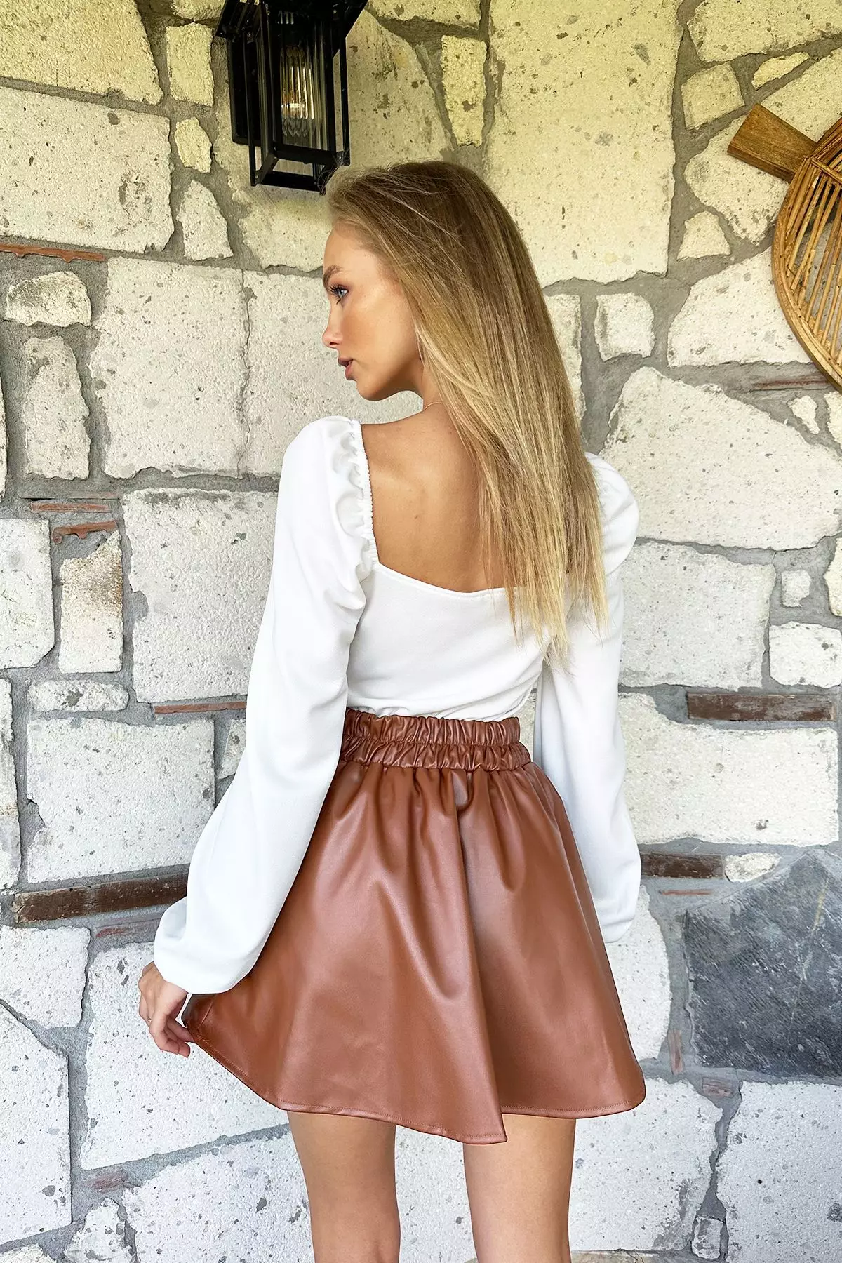 Women's Brown Elastic Waist Faux Leather Flared Mini Skirt