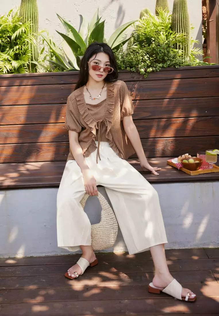 Pinstripe Pleated Wide-Leg Pants with Elastic Waist [BA7839]