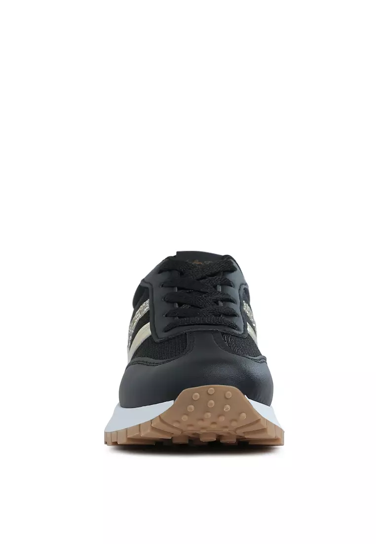 Sepatu Kets Chunky Berdetail Glitter dalam Warna Hitam & Emas