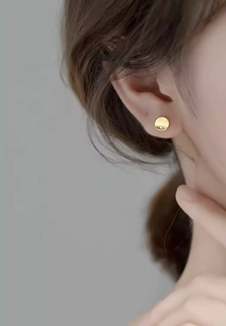 925 Silver Plated Gold Brushed Concave Round Plate Earrings JW AR-G8971