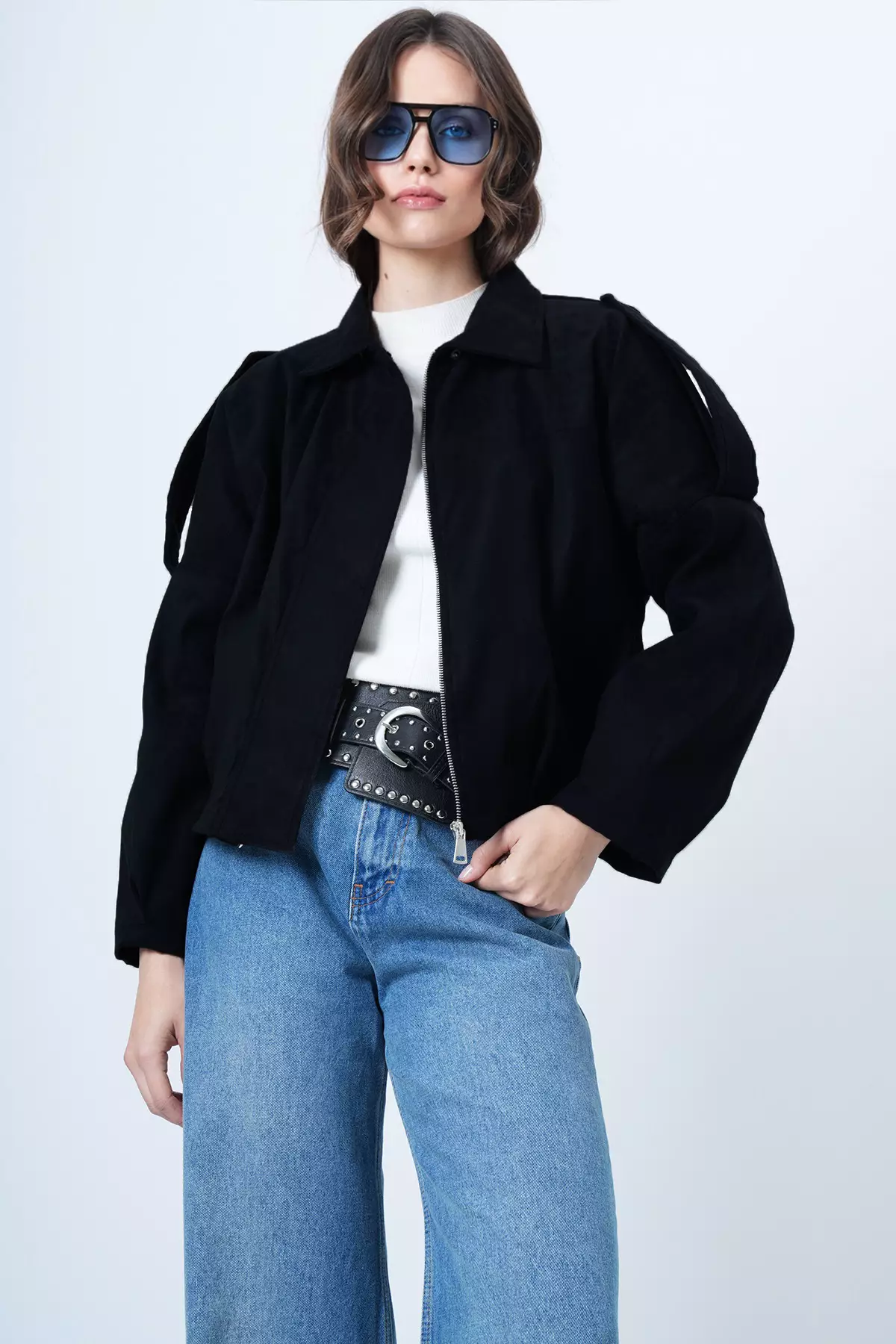 Black Shoulder Epaulettes Lined Faux Suede Bomber Jacket Alc-X14526