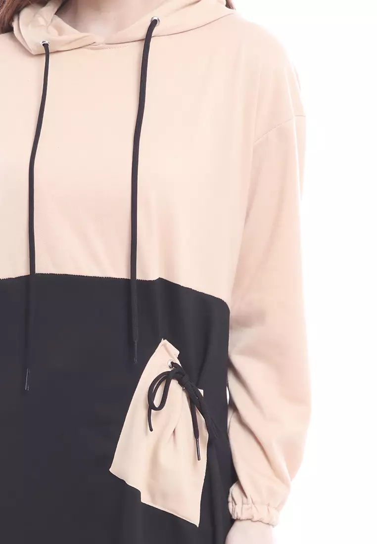 Vika Long Hoodie Dual Tone Color Lengan Panjang Outerwear Wanita Premium Quality - Cream