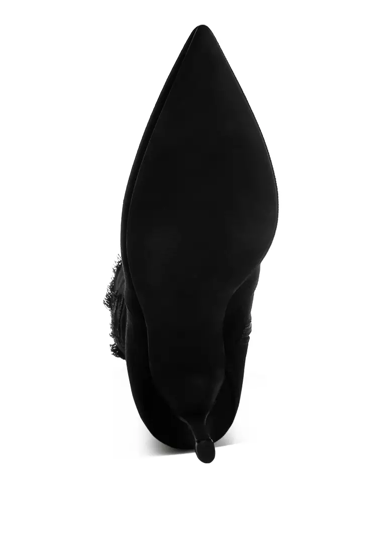 Distressed Denim Mid-Calf Boots in Black