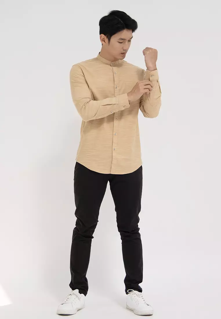 Kemeja collarless koko Slub mustard OXCON twotone mustard