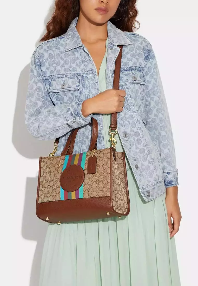 Coach Dempsey Carryall In Signature Jacquard With Stripe And Coach Patch Khaki Redwood Multi