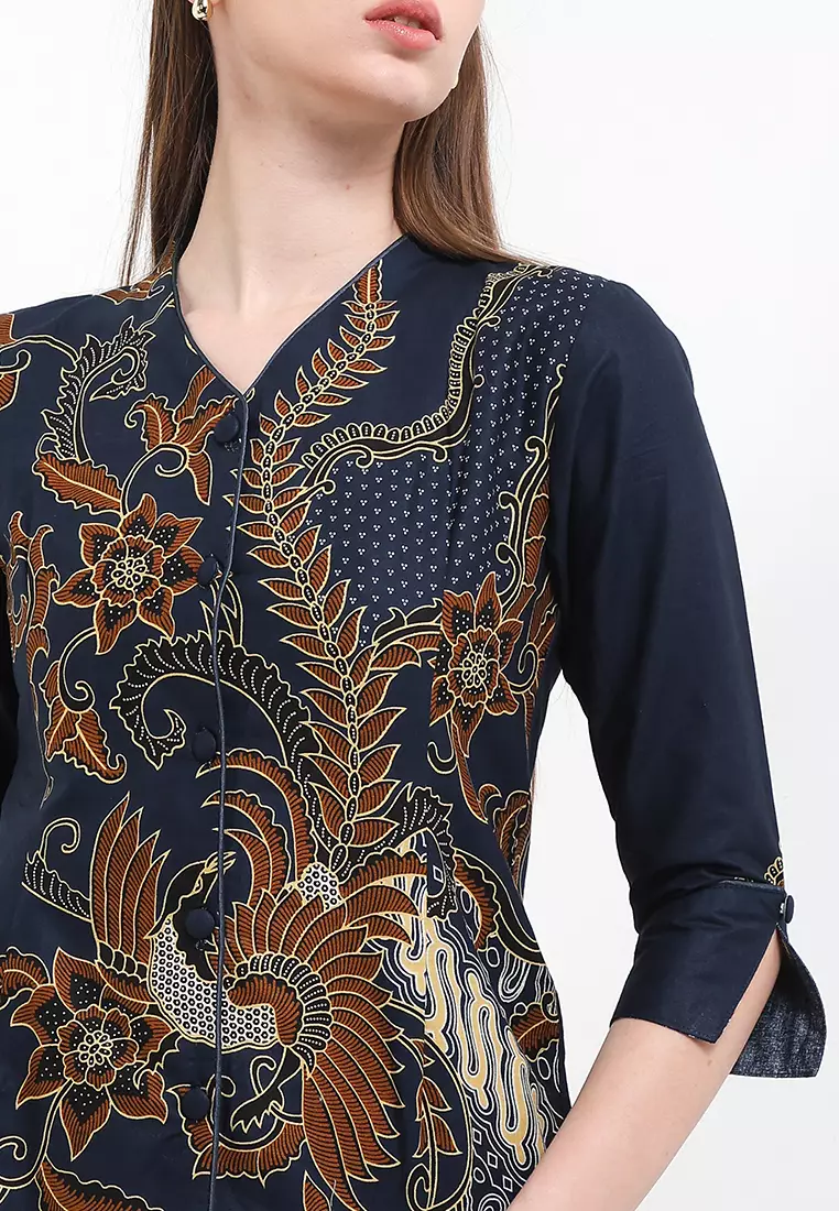 Blouse Atasan Wanita Batik Kerja Furing Lining Zaviona Lengan 7/8 Navy