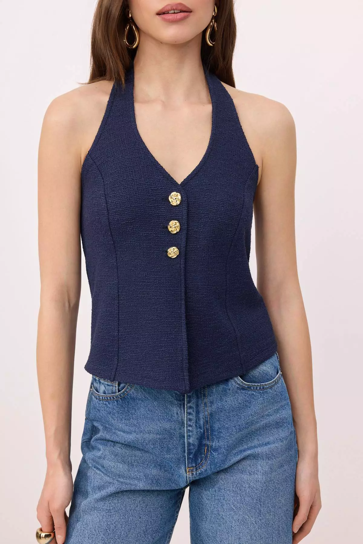 Navy Blue Fitted Tweed Fabric Floral Button Accent Piece Crop Knitted Vest Twoss25Ye81