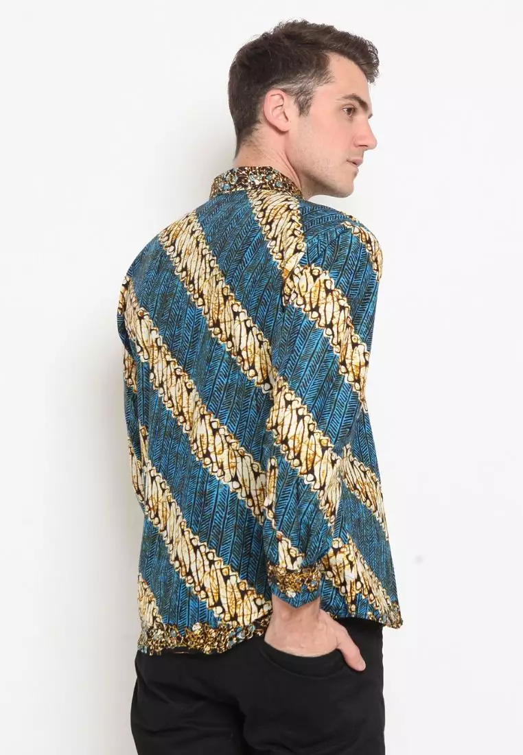 Kemeja Batik Pria Premium Slimfit Elegant Modern Lengan Panjang Parang Biru