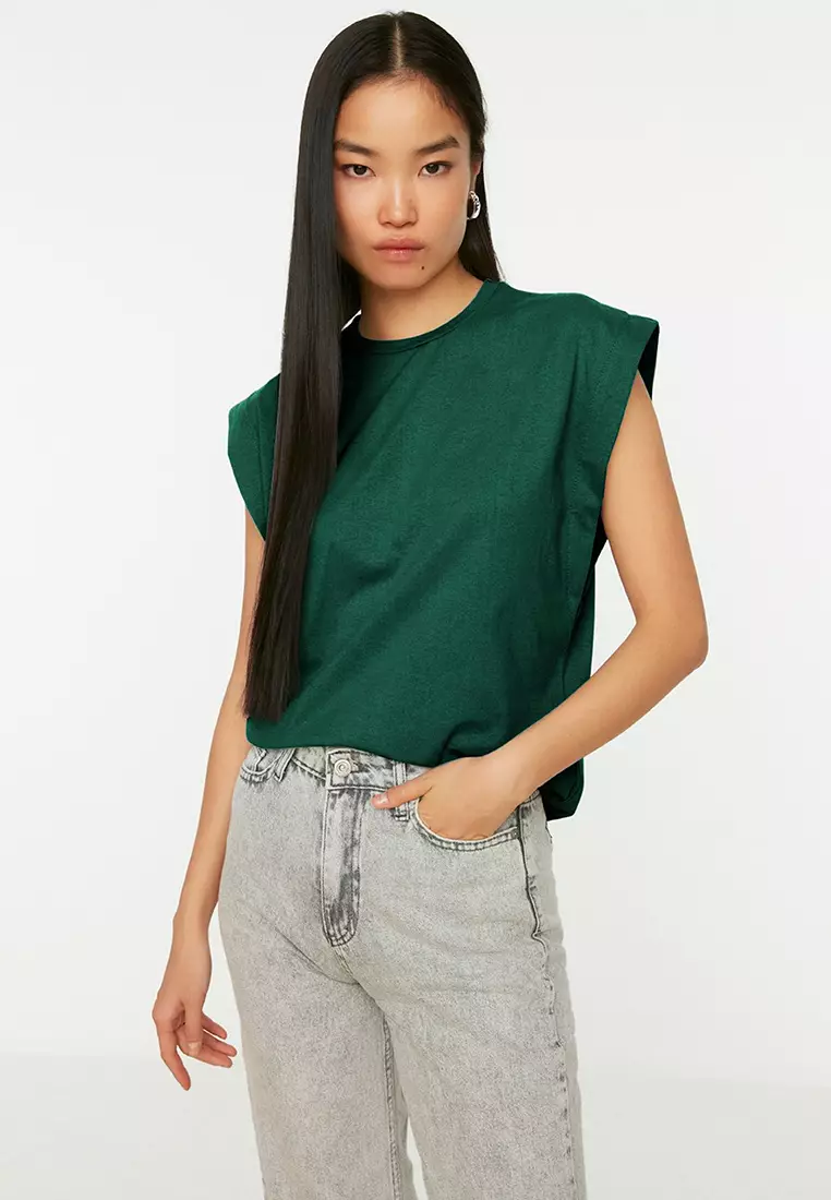 Emerald Green Detail 100% Cotton Padded Look Basic Crew Neck Knitted T-Shirt TWOSS20TS0021