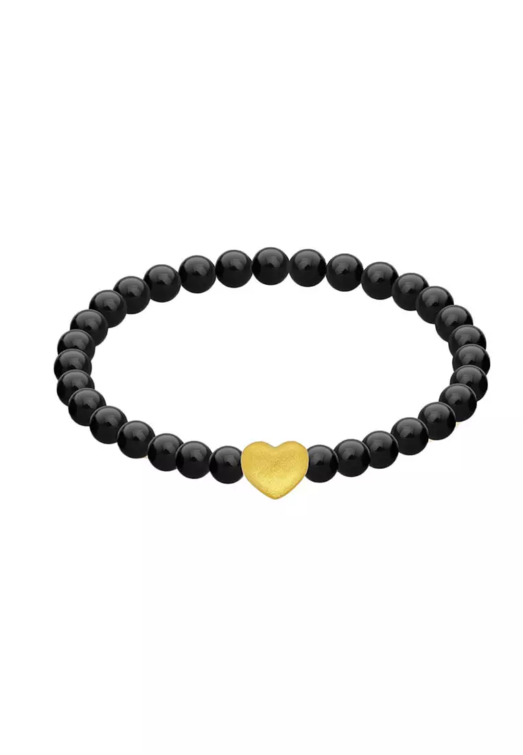 [SPECIAL] LITZ 999 (24K) Gold Love Charm With Agate Bracelet 爱心手绳 EPC0893-MB (0.14g+/-）