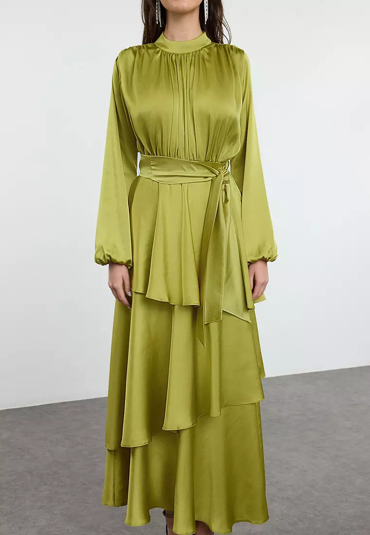 Oil Green Layered Satin Woven Evening Dress/Evening Gown TCTSS24DB00050