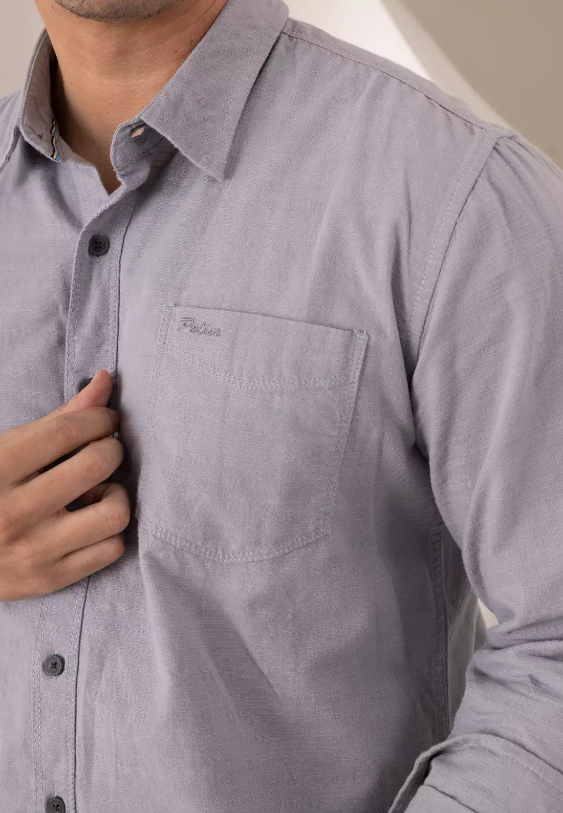 POLICE Kemeja Polos Cotton Slub Light Grey Regular Fit Lengan Panjang Pria