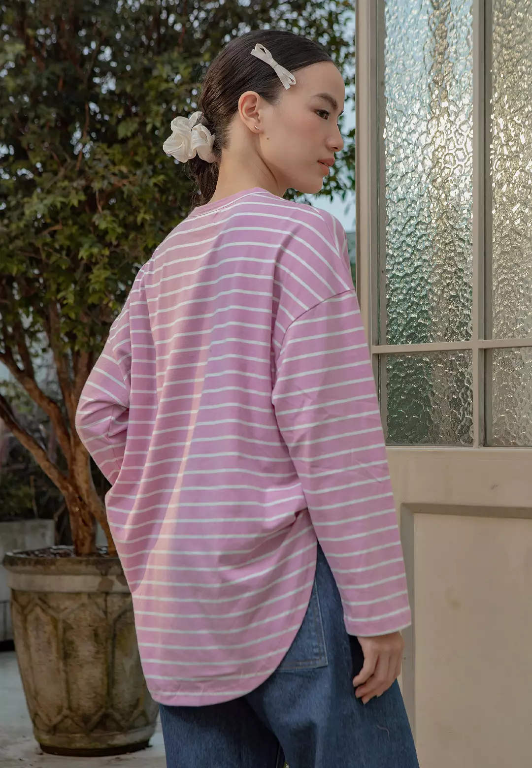 HijabChic Mayumi Stripe Tops Dusty Pink and White - Kaos Stripe Muslim Kasual Oversized Best Seller
