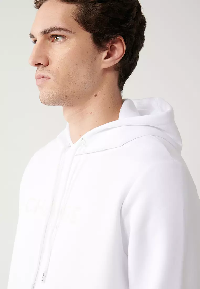 Men's White Hooded 3 Thread Raised Printed Sweatshirt A32Y1240