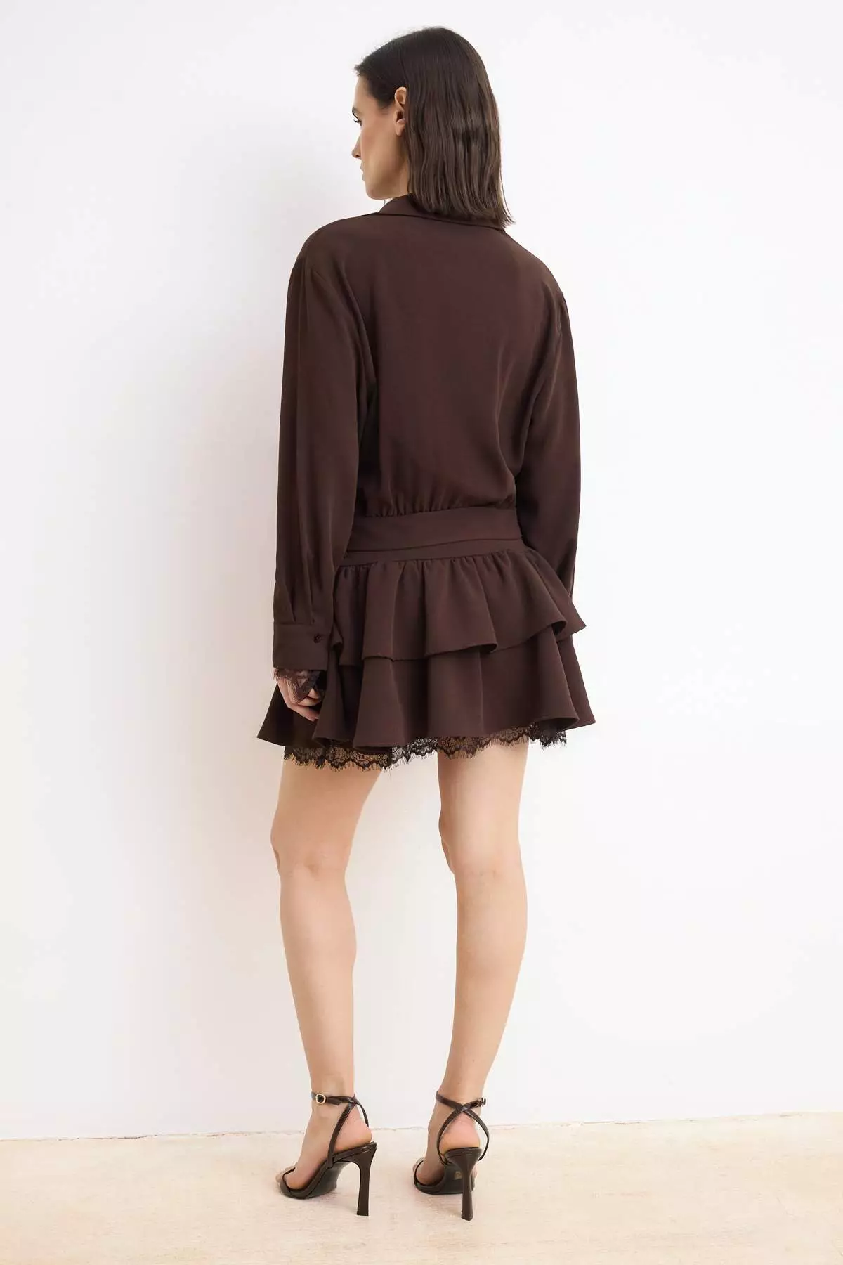 Brown Belt Li Lace Detailed Woven Shirt Collar Dress Twoss26El613