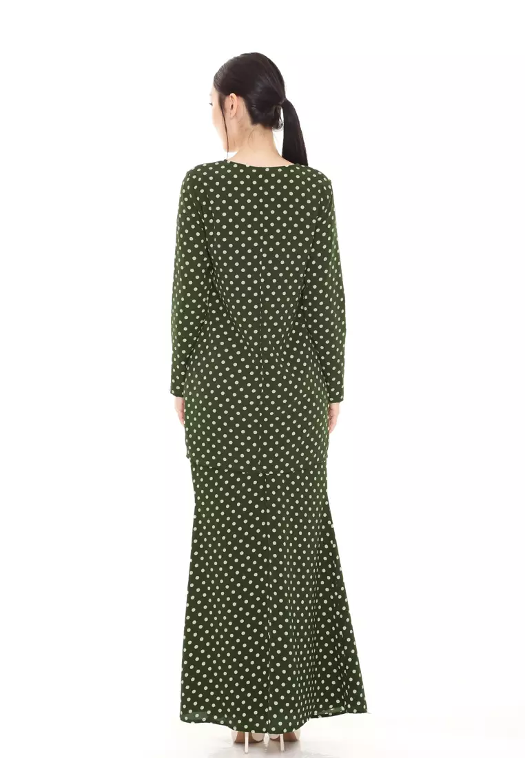 Rina Printed Kurung Modern in Olive Green Polka Dot