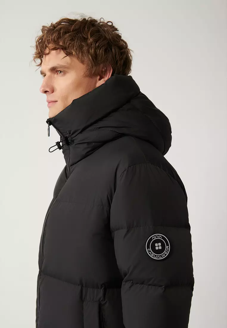 Men's Black Goose Down Water Repellent Windproof Hooded Long Puffer Coat A32Y6021
