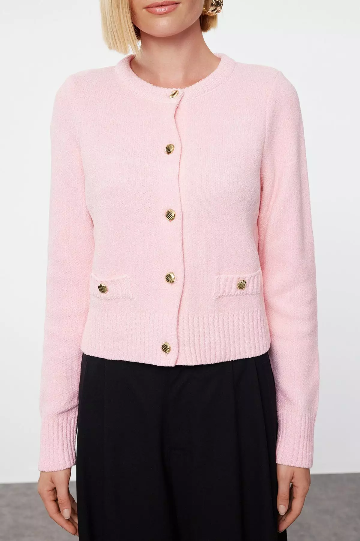 Pink Crop Premium Yarn/Special Yarn Pocket Detailed Jacket-Look Knitwear Cardigan TWOAW24HI00051