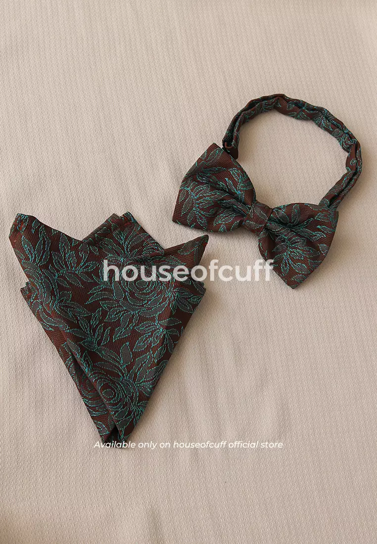 Houseofcuff dasi kupu pria bowtie pocket square jacquard coklat motif batik