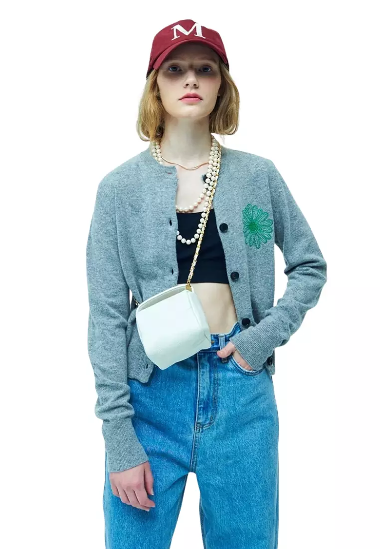 Cashmere Blended Cardigan Round Neck - Grey Green