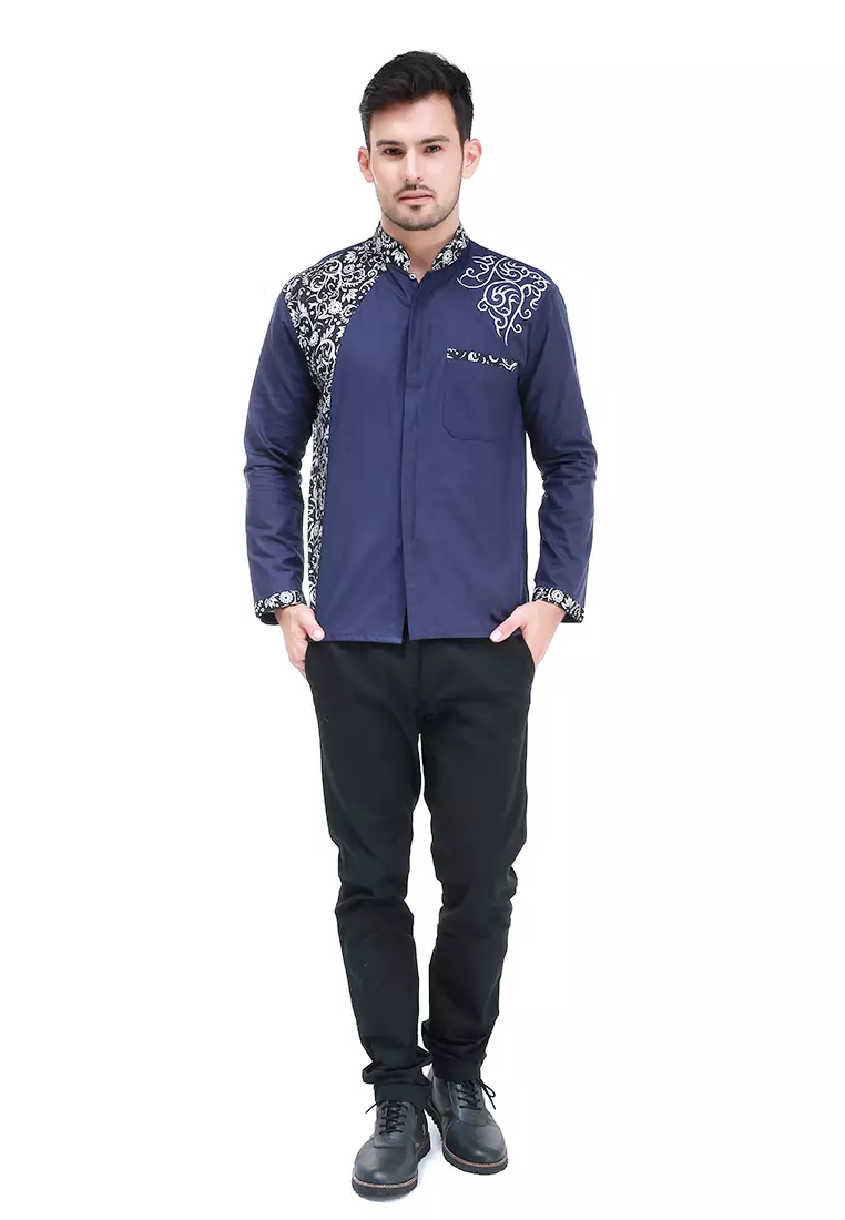 Dwan Kemeja Batik Pria Simple Atasan Formal Longsleeve Shirt Material Cotton ORIGINAL - Blue