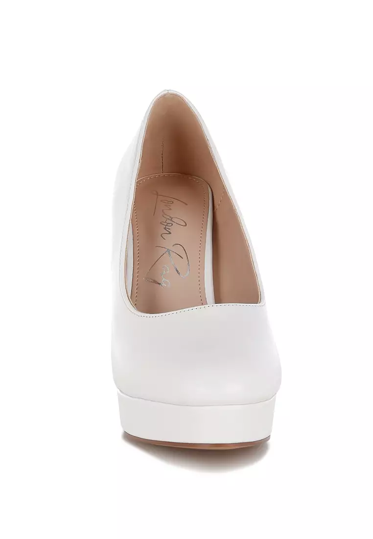 Faux Leather Block Heel Pumps In White