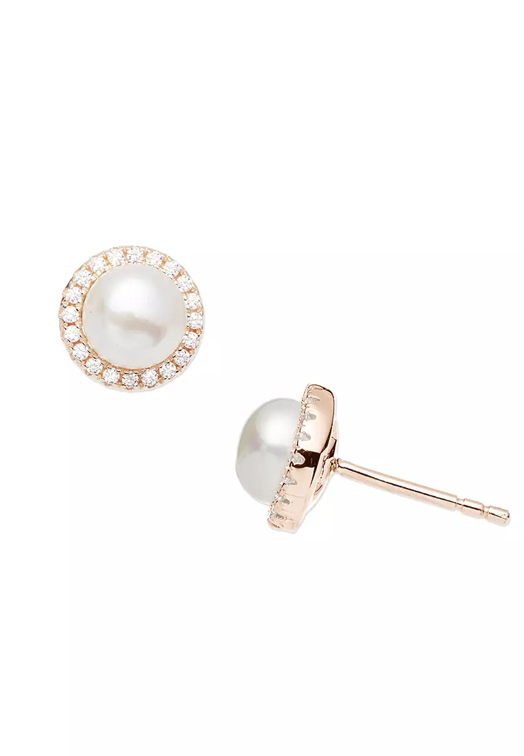 Grossé 寶貝兒純銀: 925純銀，玫瑰金色，淡水珍珠，鋯石穿孔耳環 GS60501