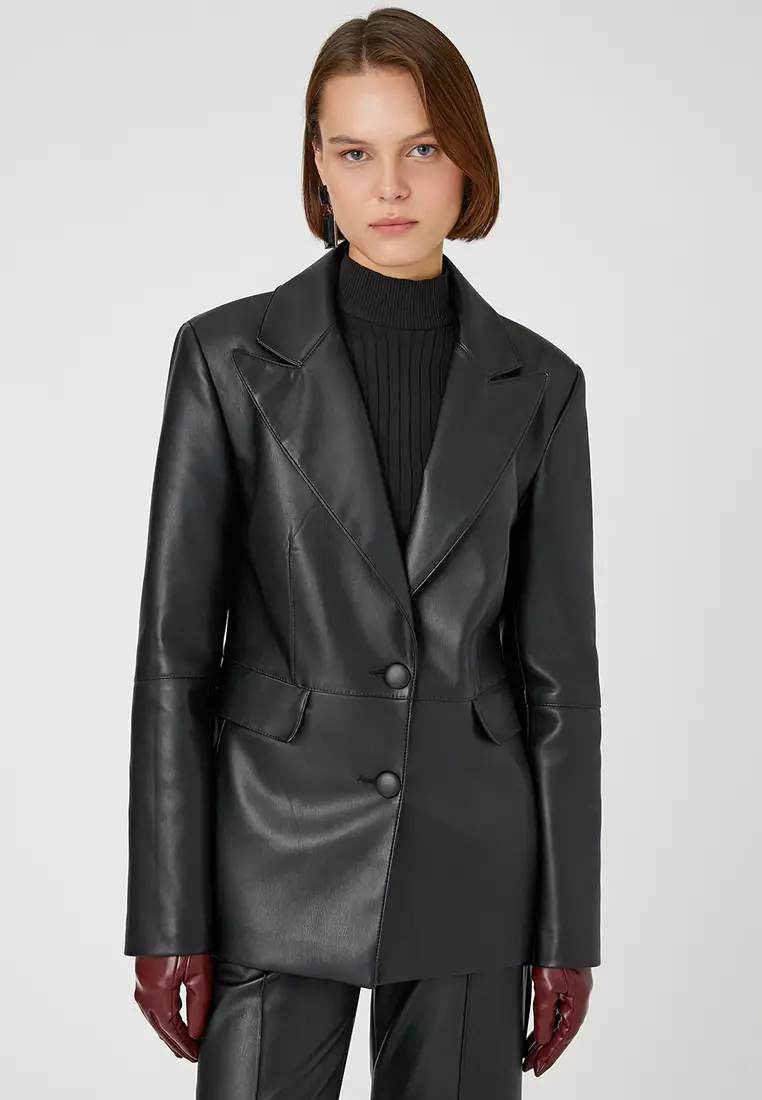 Leather Look Black Blazer With Leather Sleeves Leather Look Blazer
