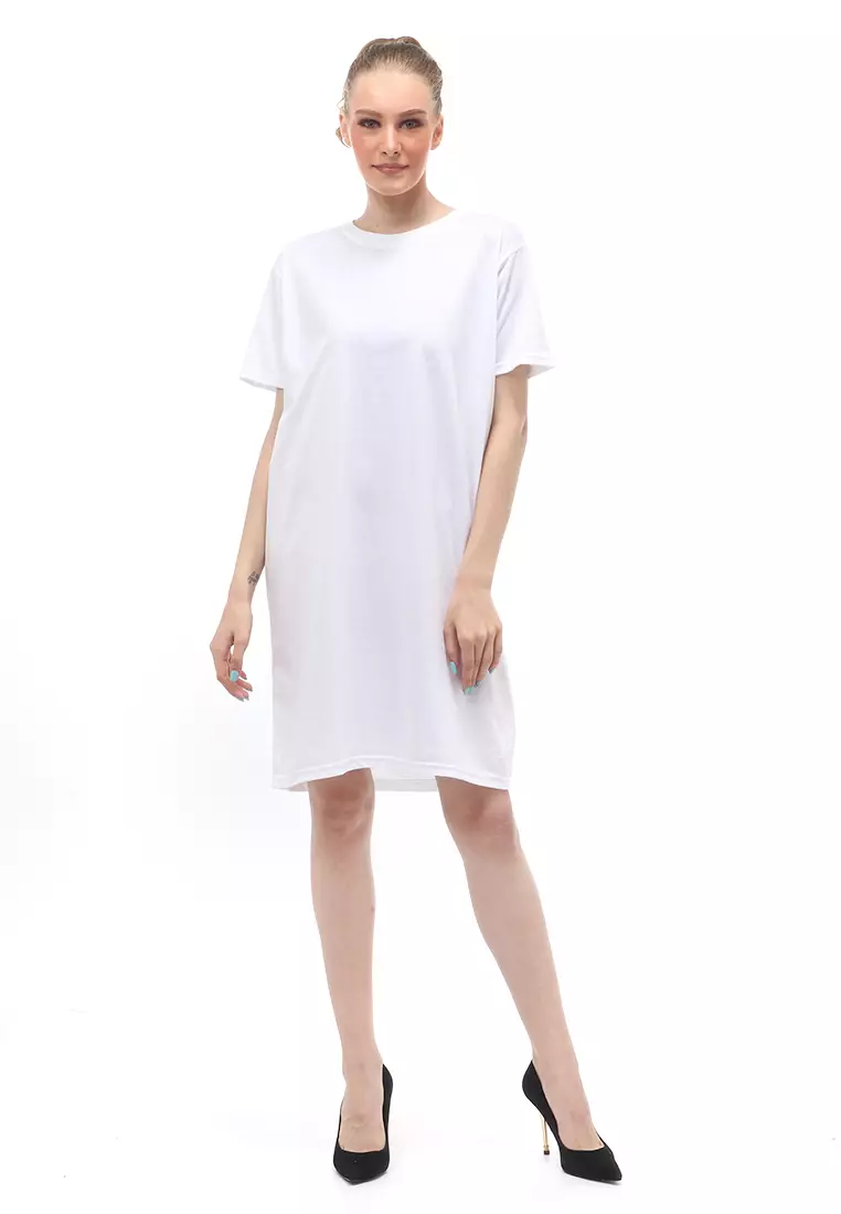 Finch Midi Dress Wanita Short Sleeves Motif Polos - Putih