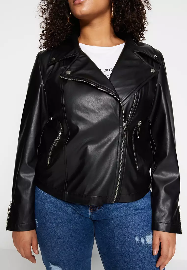 Plus Size Faux Leather Biker Jacket with Pocket