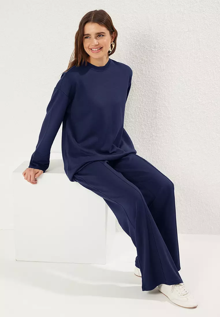 Navy Blue Soft Textured Plain Tracksuit Tctss25En00005
