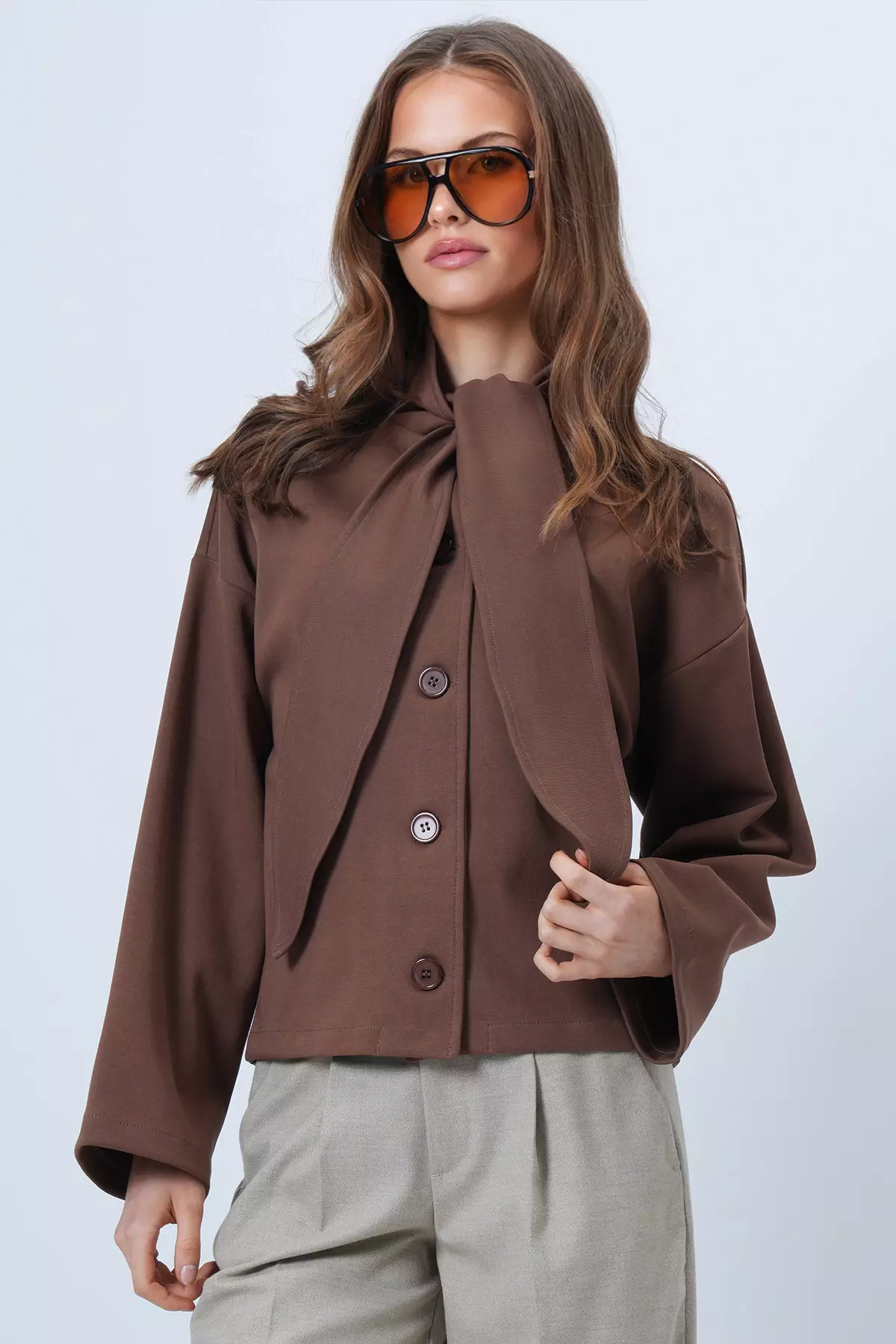 Brown Scarf Detailed Buttoned Jacket Alc-X14669