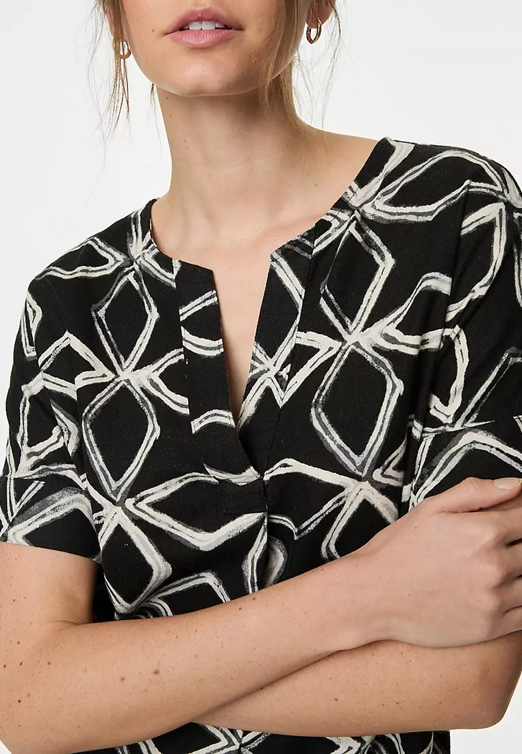 Linen Rich Printed V-Neck Shift Dress