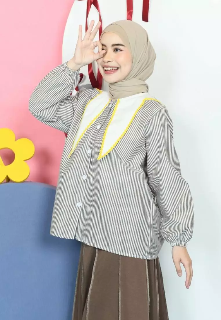 Bunny Kemeja Stripe Atasan - Coffee M18957 R49S1