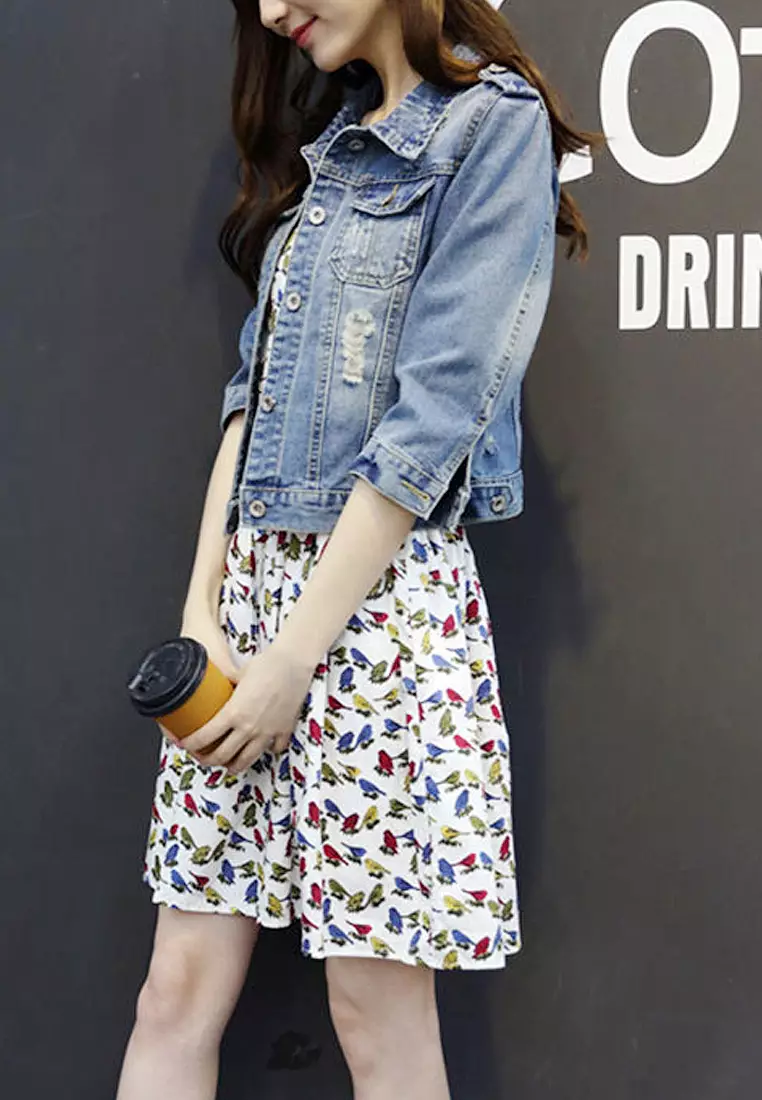 Three quarter best sale sleeve denim jacket