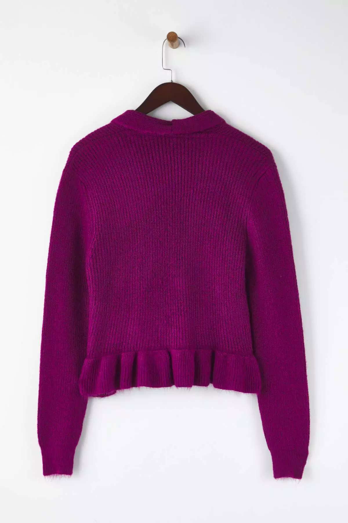Plum Crop V-Neck Soft Textured Flounce Knitwear Cardigan