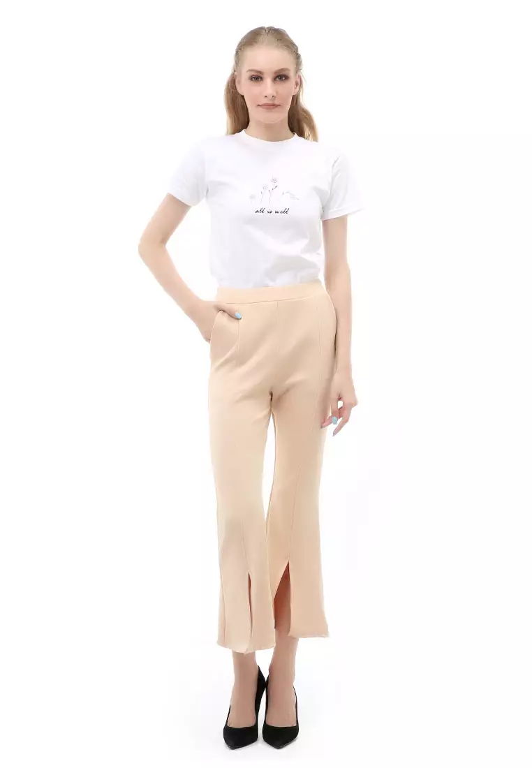 Jourel Long Pants Celana Panjang Casual Wanita Cutbray Split Comportable Material Scuba ORIGINAL - Cream