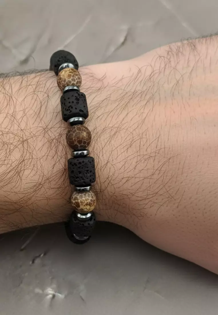 Accessories Gelang Pria Green Fire Agate &  Lava Beads Multistone Bracelet Black & Brown