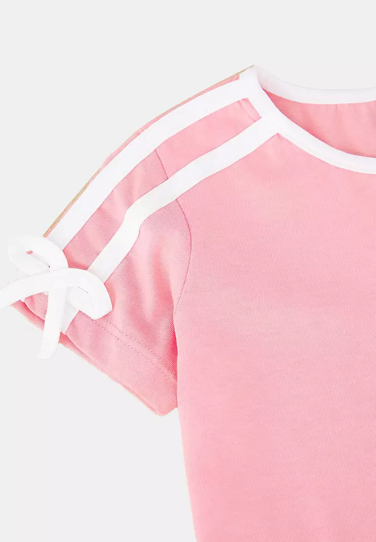 Pink Girl's 100% Cotton Ribbon Detailed Short Sleeve Knitted Pajamas Set Tkdss25Pt00038