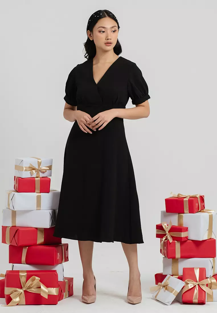 Mary V Neck Puff Sleeve Dress in Black