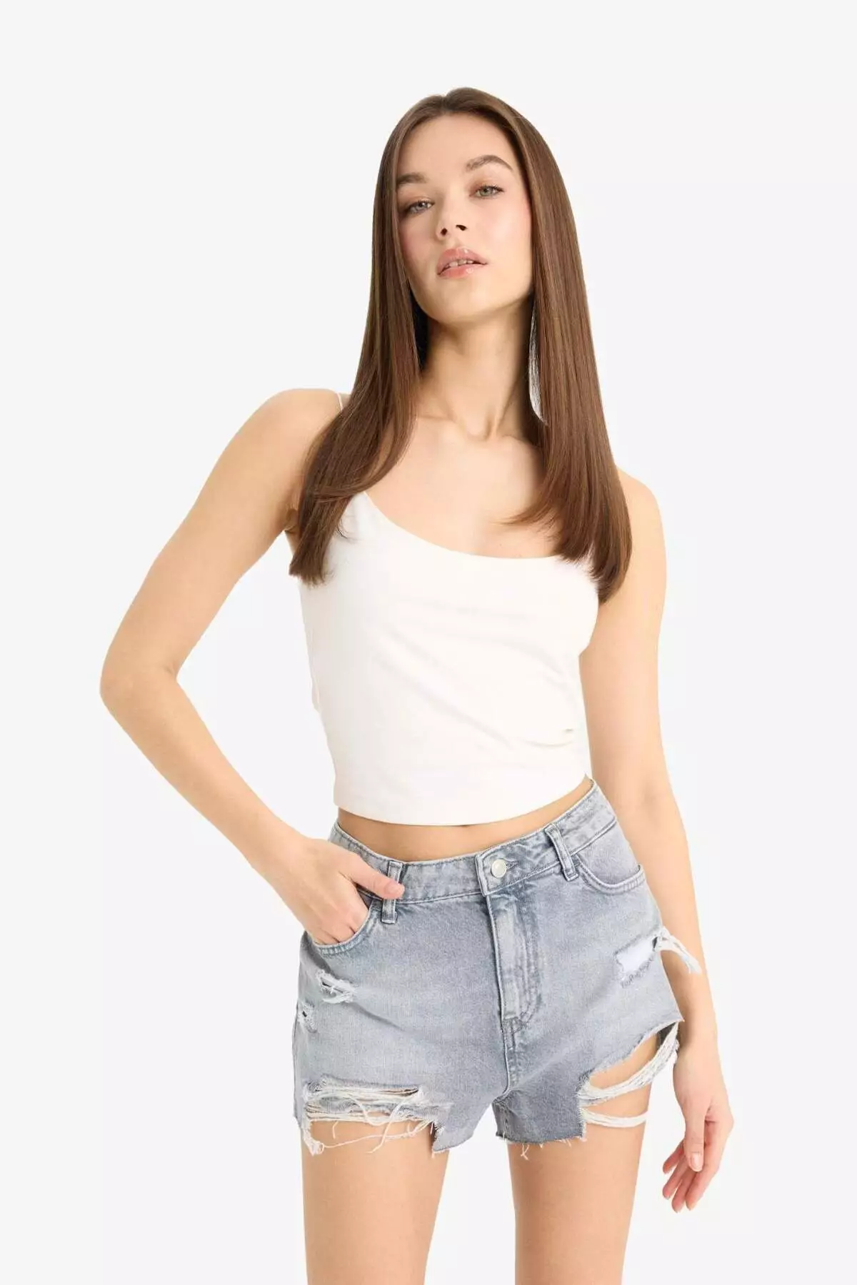 High Waist Cut Out Jean Shorts E4694Ax25Sm