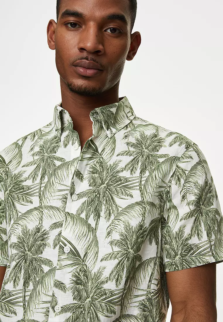 Easy Iron Cotton Linen Blend Print Shirt