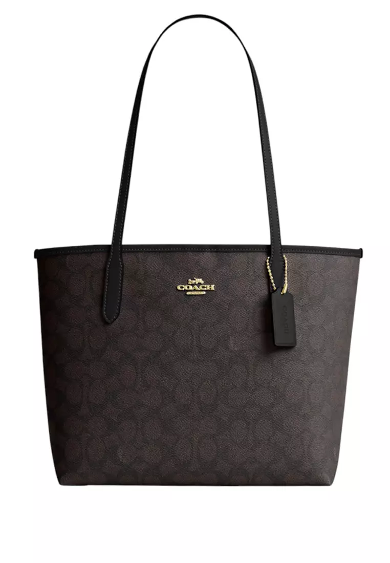 Medium City Tote Bag In Signature Canvas - Walnut/Black