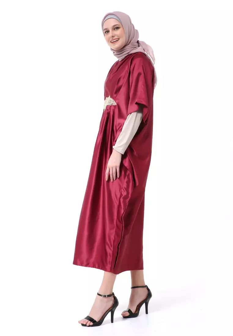 Illona Kaftan Dress Premium Fashion Muslimah Motif Polos Regular Fit - Maroon