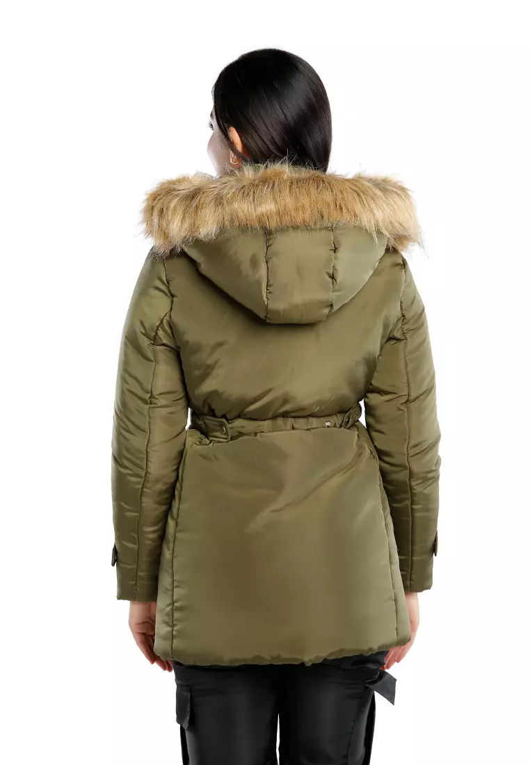 Khaki Long Puffer Jacket Hoodie