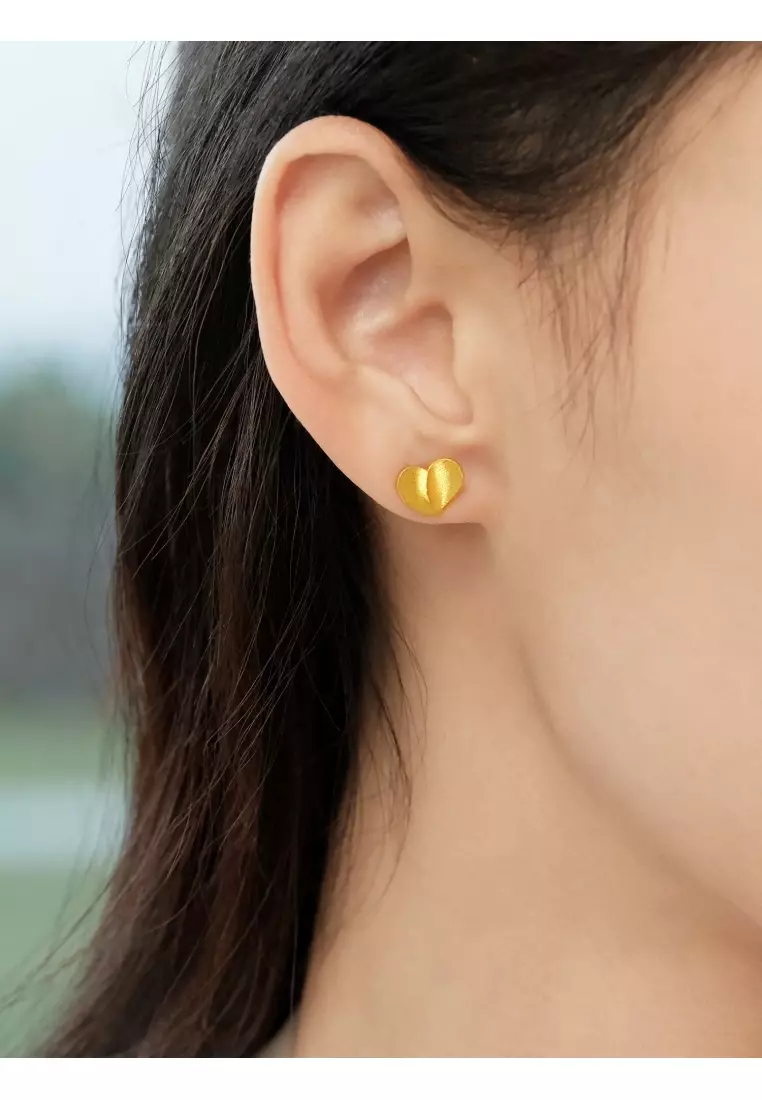 999 24K Solid Gold Heart-shaped Dainty Stud Earrings for Women 94534E