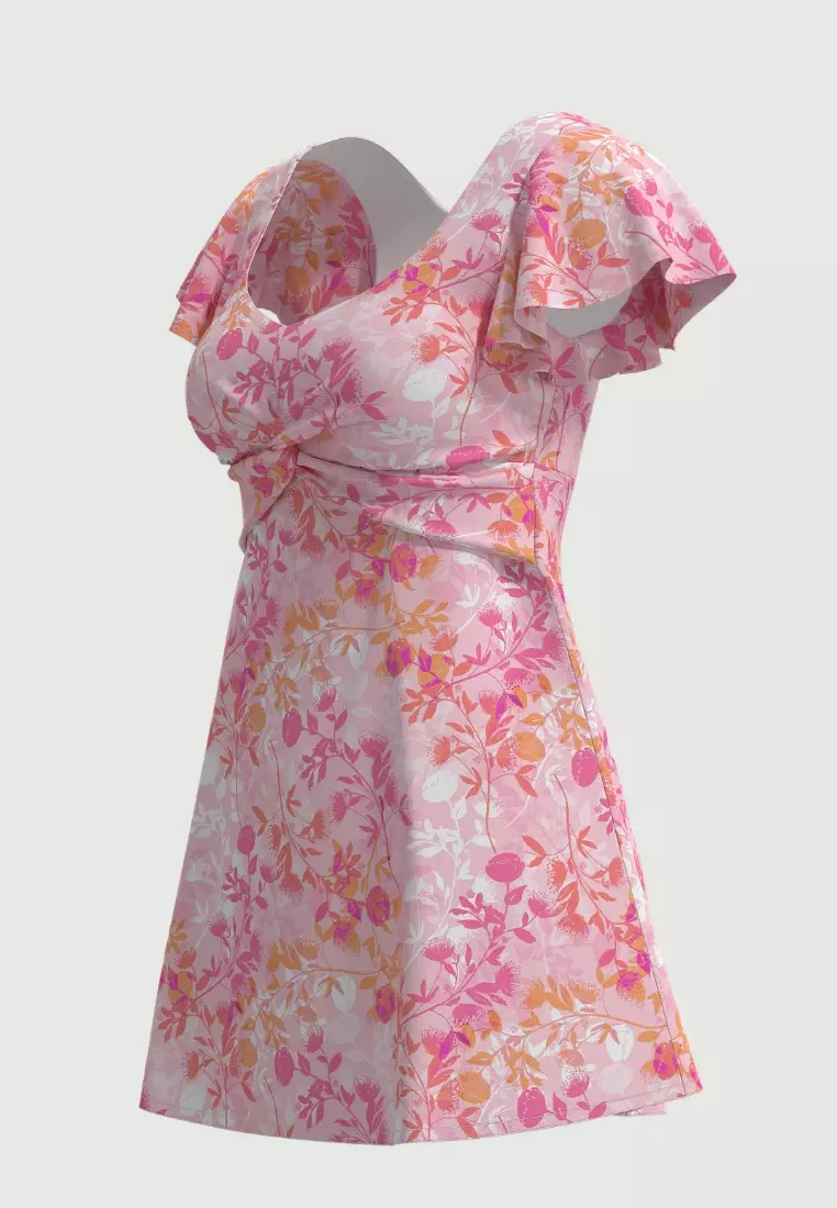 Blooming Grace粉紅色扭結前襟短袖泳裝連身裙