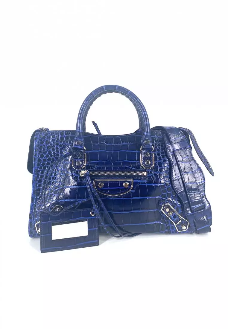 Jual BALENCIAGA Balenciaga Metallic Edge Croc-Embossed Small City Navy ...